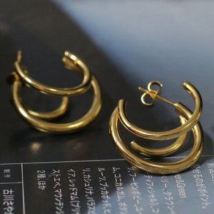 NEW 18K Gold Plated Three Layer Crescent Moon Round Hoop Earrings